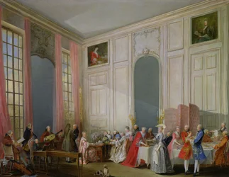 Der englische Tee und ein Gesellschaftskonzert im Haus der Prinzessin de Conti, Palais du Temple, Paris mit dem jungen Mozart am Klavichord, 1766